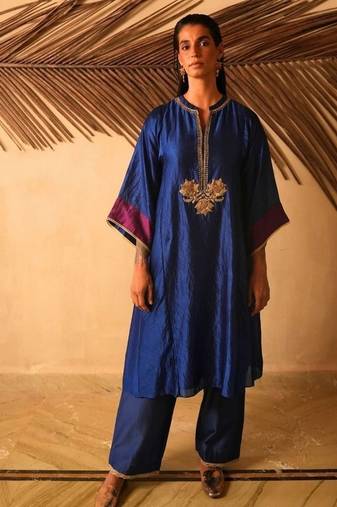 Navy-blue embroidered dupion silk kurta set