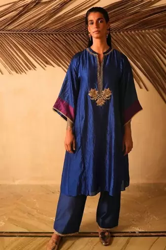 Navy-blue embroidered dupion silk kurta set