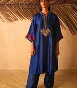 Navy-blue embroidered dupion silk kurta set