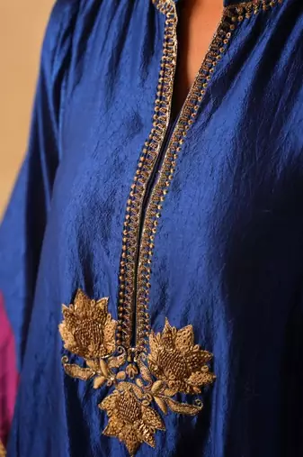 Navy-blue embroidered dupion silk kurta set