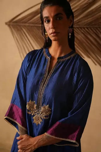 Navy-blue embroidered dupion silk kurta set