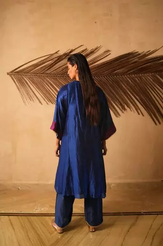 Navy-blue embroidered dupion silk kurta set