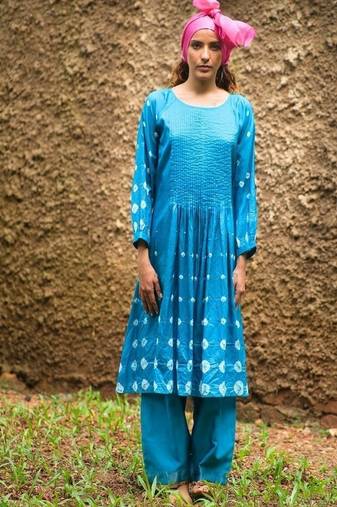 Turquoise blue plain silk Kurta Set