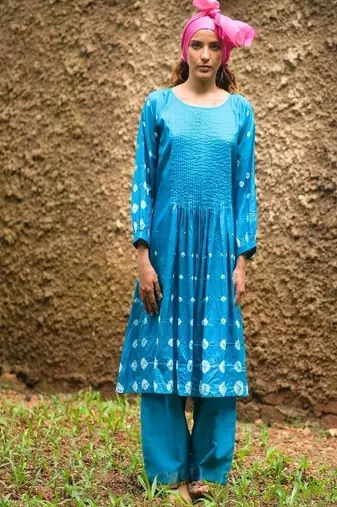 Turquoise blue plain silk Kurta Set