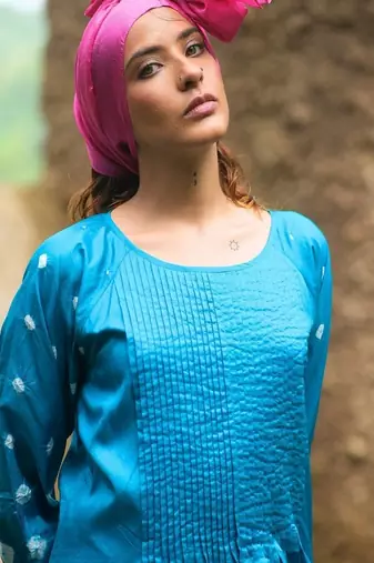 Turquoise blue plain silk Kurta Set