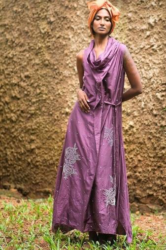 Purple  embroidered silk dress