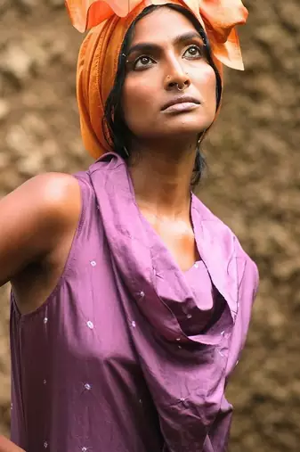 Purple  embroidered silk dress