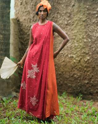 Red embroidered chanderi dress 2