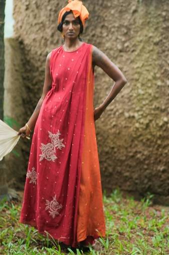 Red embroidered chanderi dress