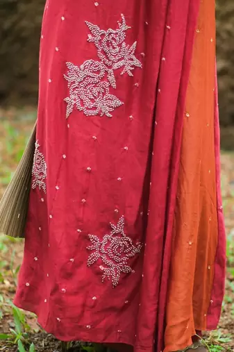 Red embroidered chanderi dress