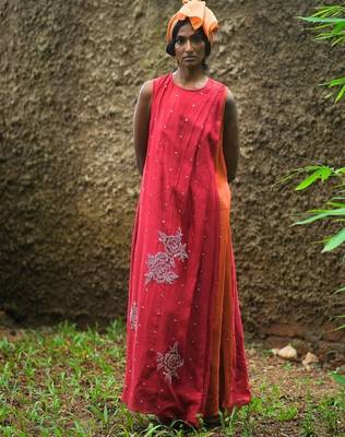 Red embroidered chanderi dress 1