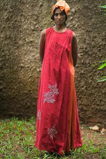 Red embroidered chanderi dress