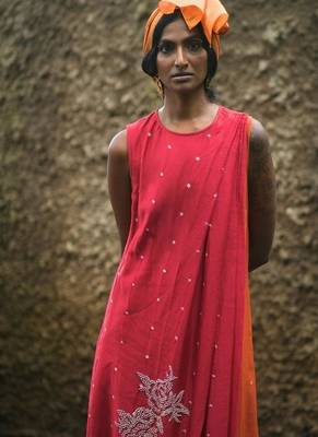 Red embroidered chanderi dress 4