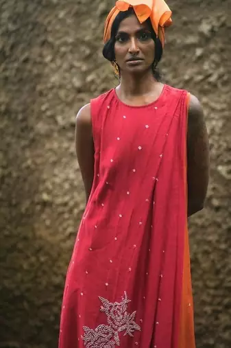 Red embroidered chanderi dress