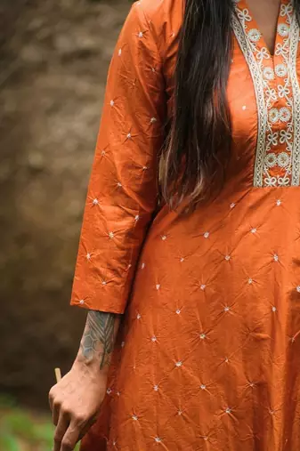 Orange plain silk Kurta Set