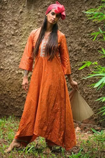 Orange plain silk Kurta Set
