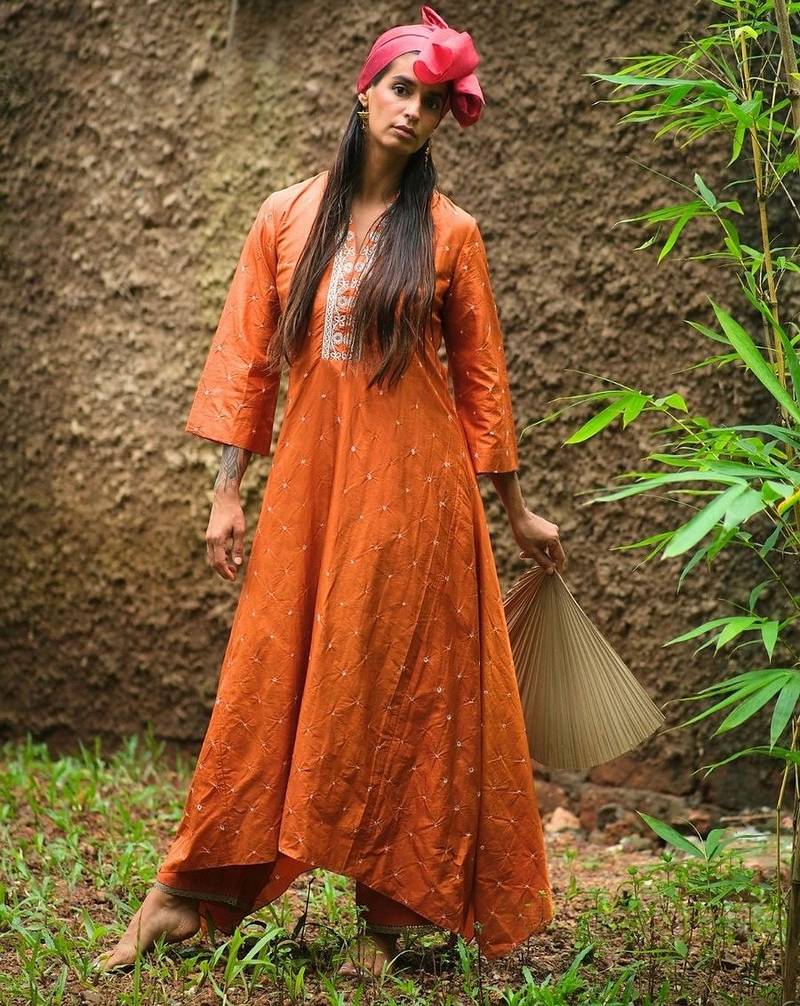 Orange plain silk Kurta Set