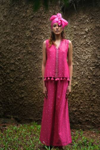 Rani-pink embroidered silk co ord set