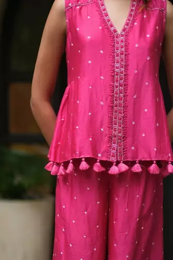 Rani-pink embroidered silk co ord set