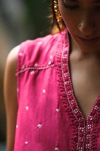 Rani-pink embroidered silk co ord set