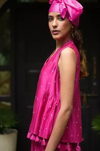 Rani-pink embroidered silk co ord set