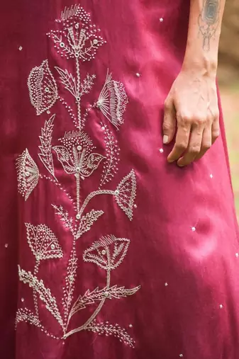 Mauve embroidered satin Kurta Set