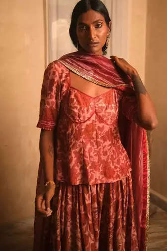 Maroon printed cotton Lehenga