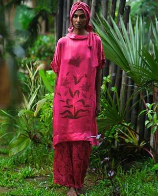 Pink printed satin Kurta Set 1