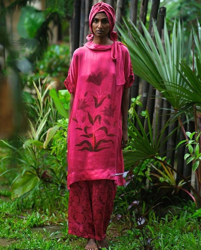 Pink printed satin Kurta Set