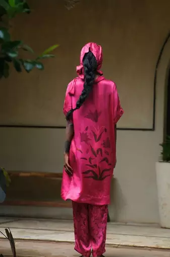 Pink printed satin Kurta Set