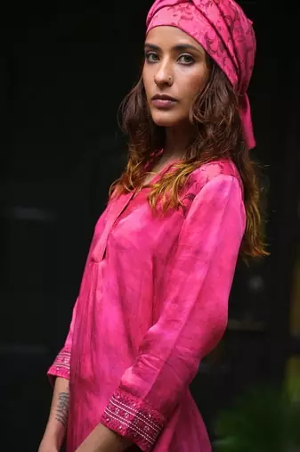 Pink  plain satin kurta set