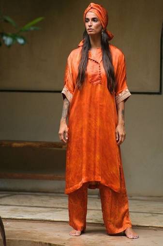 Orange plain satin kurta set