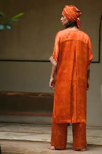 Orange plain satin kurta set