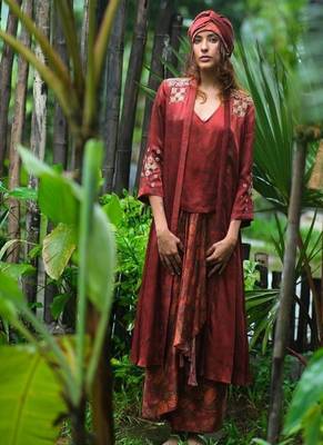 Maroon embroidered satin co ord set 1