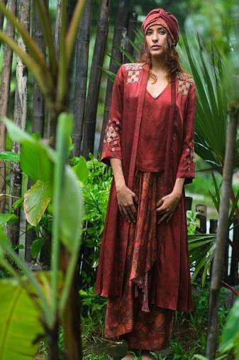 Maroon embroidered satin co ord set