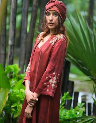 Maroon embroidered satin co ord set 2