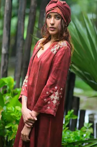 Maroon embroidered satin co ord set