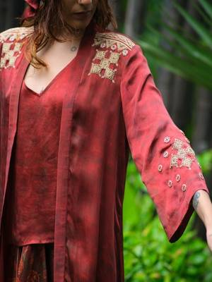 Maroon embroidered satin co ord set 3