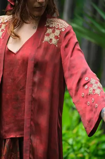 Maroon embroidered satin co ord set