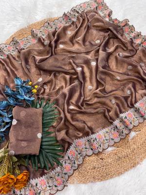 Chocolate Color Party Wear Moss Tissue Saree 1