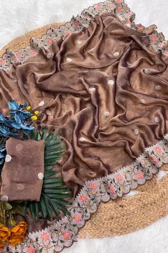 Chocolate Color Party Wear Moss Tissue Saree