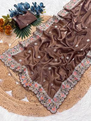 Chocolate Color Party Wear Moss Tissue Saree 2