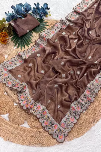 Chocolate Color Party Wear Moss Tissue Saree