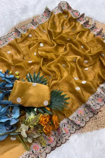 Mustered Yellow Color Party Wear Moss Tissue Saree