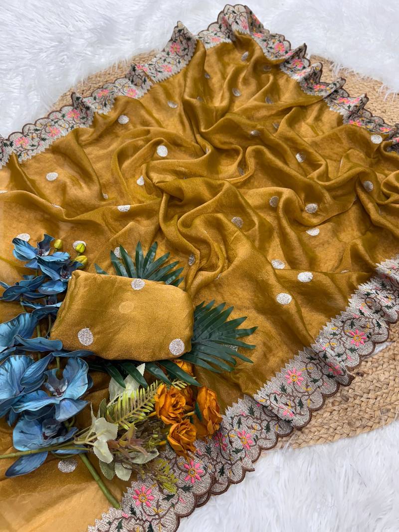 Mustered Yellow Color Party Wear Moss Tissue Saree
