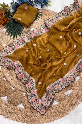 Mustered Yellow Color Party Wear Moss Tissue Saree