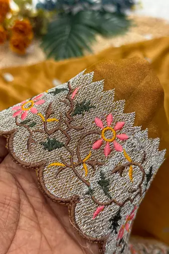 Mustered Yellow Color Party Wear Moss Tissue Saree