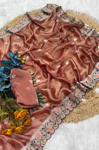 Onion Pink Color Party Wear Moss Tissue Saree