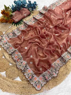 Onion Pink Color Party Wear Moss Tissue Saree 2