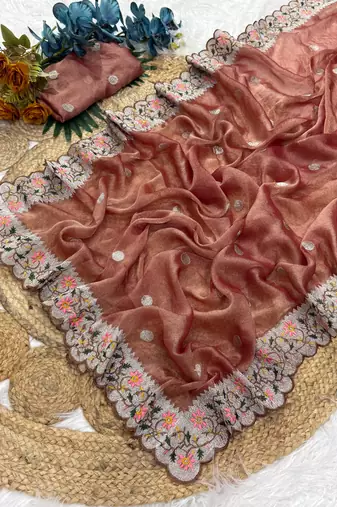 Onion Pink Color Party Wear Moss Tissue Saree